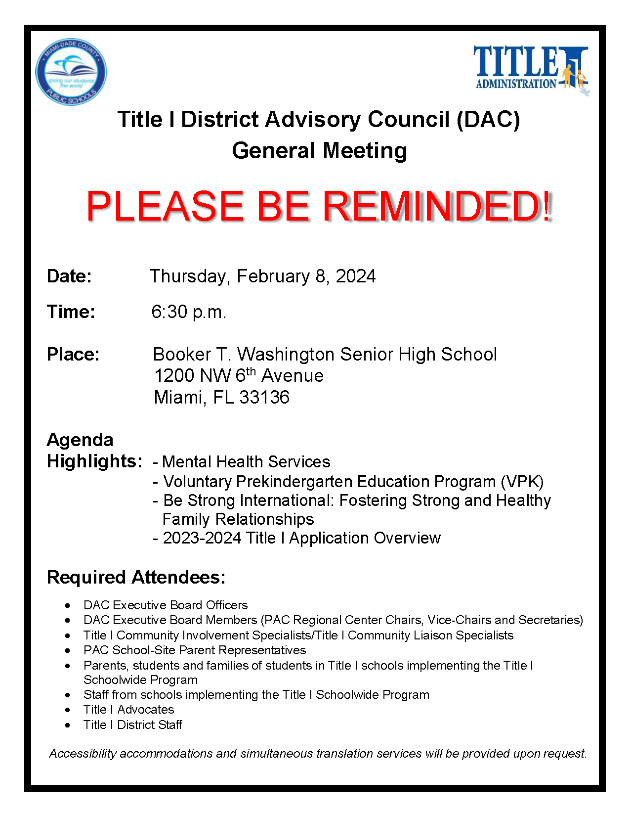 Title I District Advisory Council (DAC) General Meeting @ Booker T. Washington Senior High School